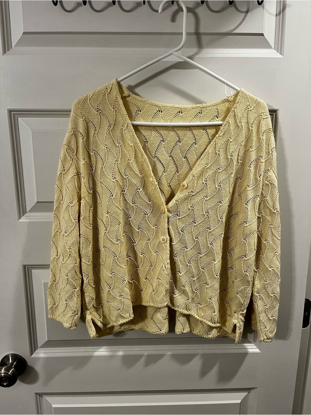 Light Yellow Open-Knit V-Neck Button Cardigan Sweater